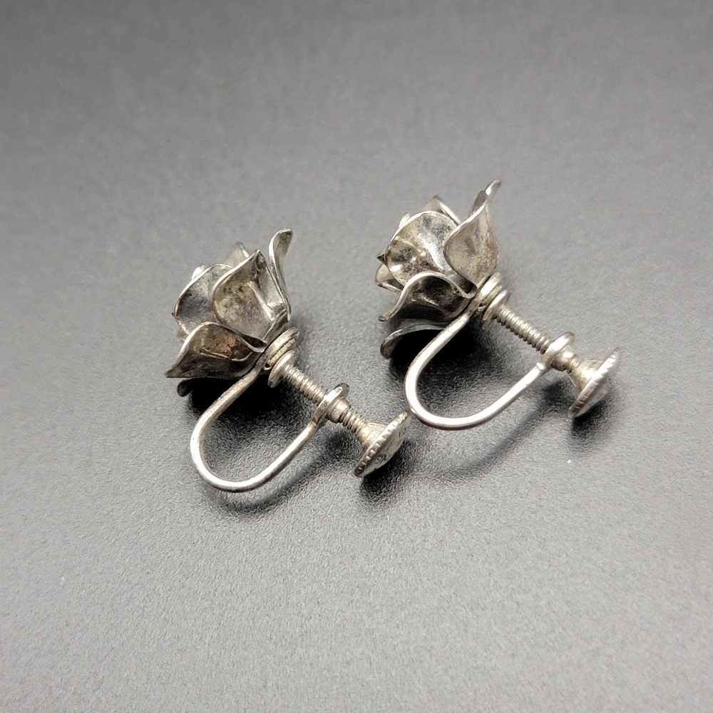 VTG 925 Sterling Silver Rose Stud Screw Back Earrings - Floral Signed Jewel Art - Picture 7 of 9